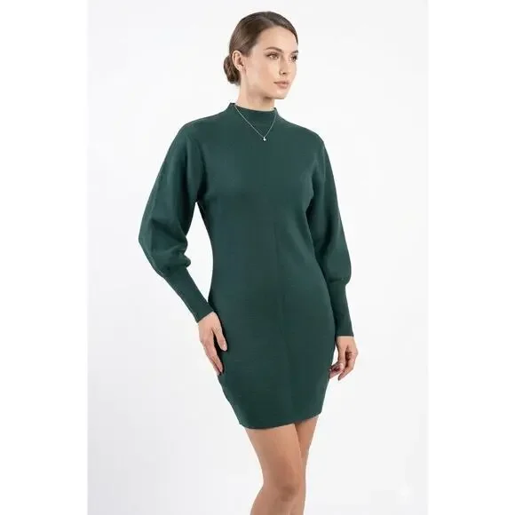 Express Dark Green Mock Neck Balloon Sleeve Knit Mini Sweater Dress Size Medium - Picture 2 of 9